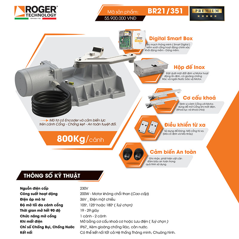 Motor cổng tự động âm sàn Roger Italia BR21/351 – 36V
